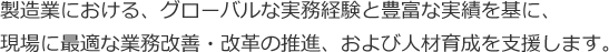 製造業における、グローバルな実務経験と豊富な実績を基に、現場に最適な業務改善・改革の推進、および人材育成を支援します。